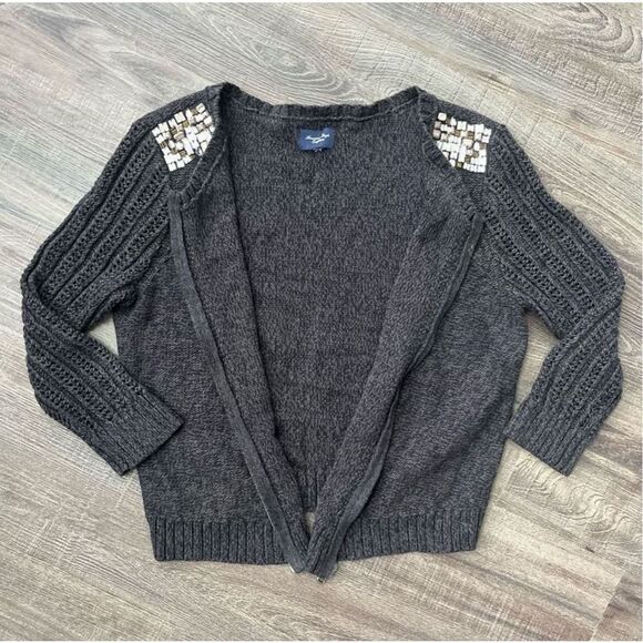 American Eagle Embellished Shoulder Zip Cardigan Sweater Sz S Women’s Grey - Picture 11 of 14